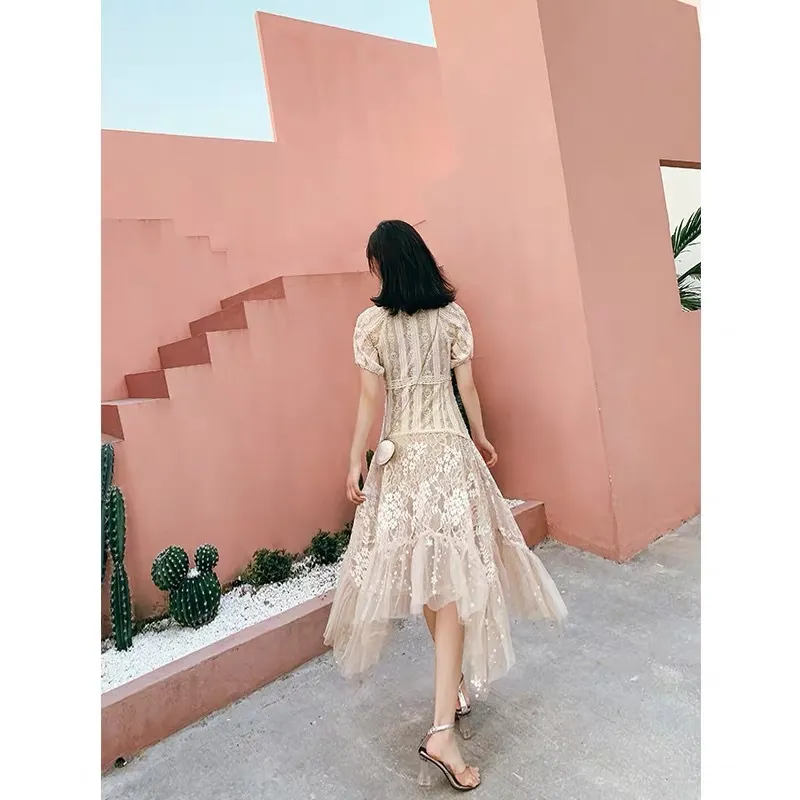elegant lace dress with collar Collar Button Lace Dress-Black main image 0