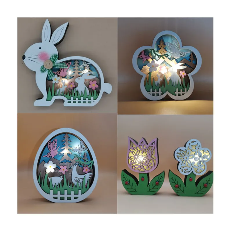 Nova decoração de Páscoa para casa Bunny de madeira brinquedo LED luz de páscoa ovo decoração lâmpada W0