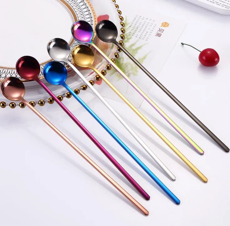 Stainless Steel Coffee Spoons With Long Handle Colorful Kitchen Stirring Ice Cream Dessert Tea Spoon SN5623