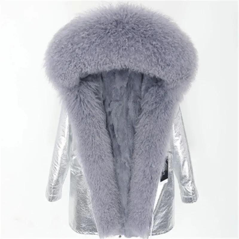 MAOMAOKONG Womens Grey Mongolia Sheep Fur Parka With Rabbit Fur