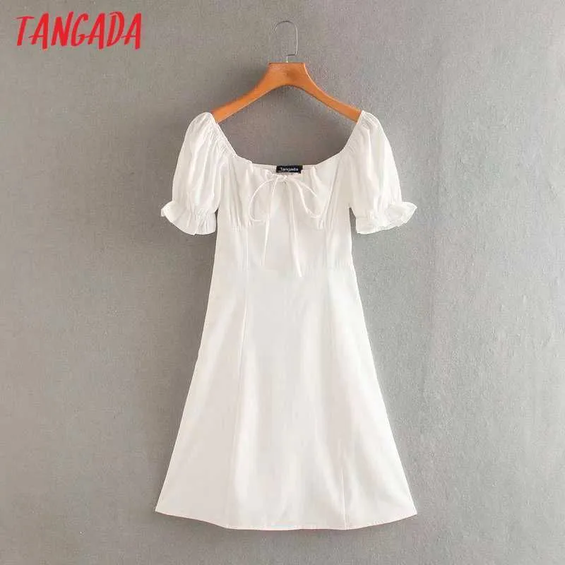 タンガダ夏の女性白い弓ドレスパフ半袖レディースミニドレスvestidos 4y01 210609
