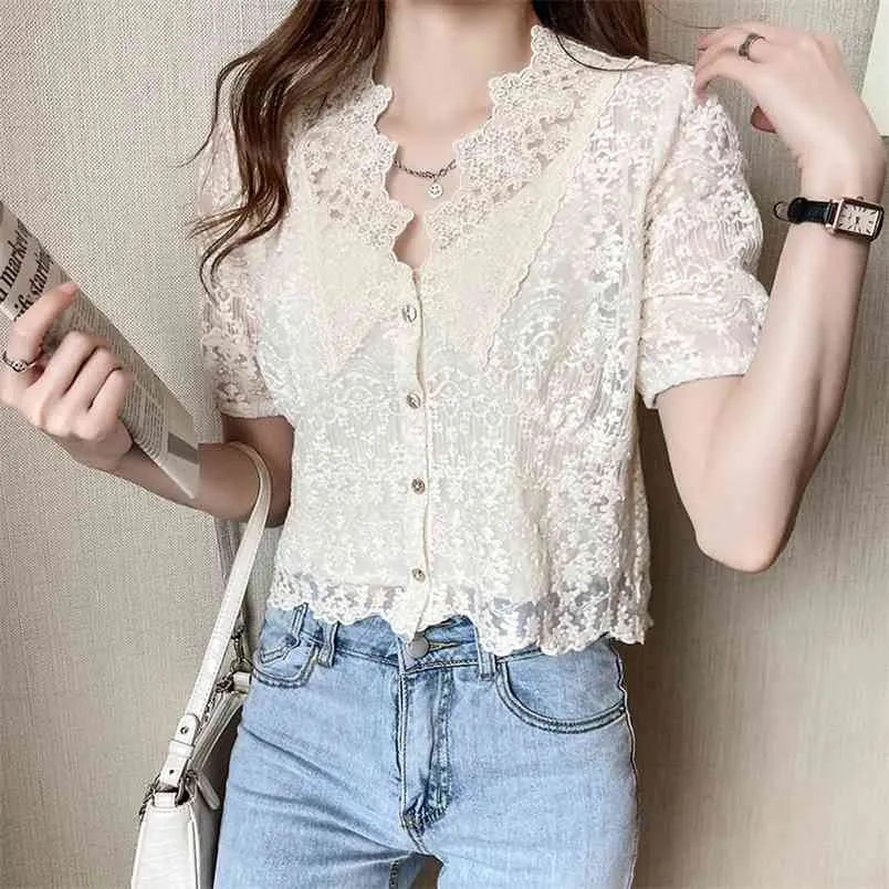 Fashion Women V-neck Lace Blouses Shirts Female Short Puff Sleeve Hollow Out Solid Elasticity Two-piece suit-Send sling 210507