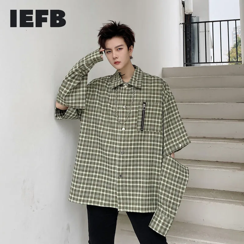 IEFB Spring Men's Plaid Detachable Long Sleeve Metal Pendant Oversized Shirts Loose Single Brest Blouse Male Design 9Y5355 210524