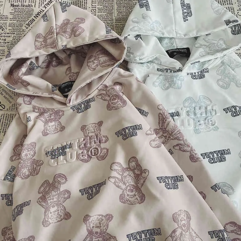 2021 Vintage Kawaii Clothes Bear Graffiti Pullovers Oversized Harajuku Hoodies Women Sweatshirts Korean Hoodie Couples Matching