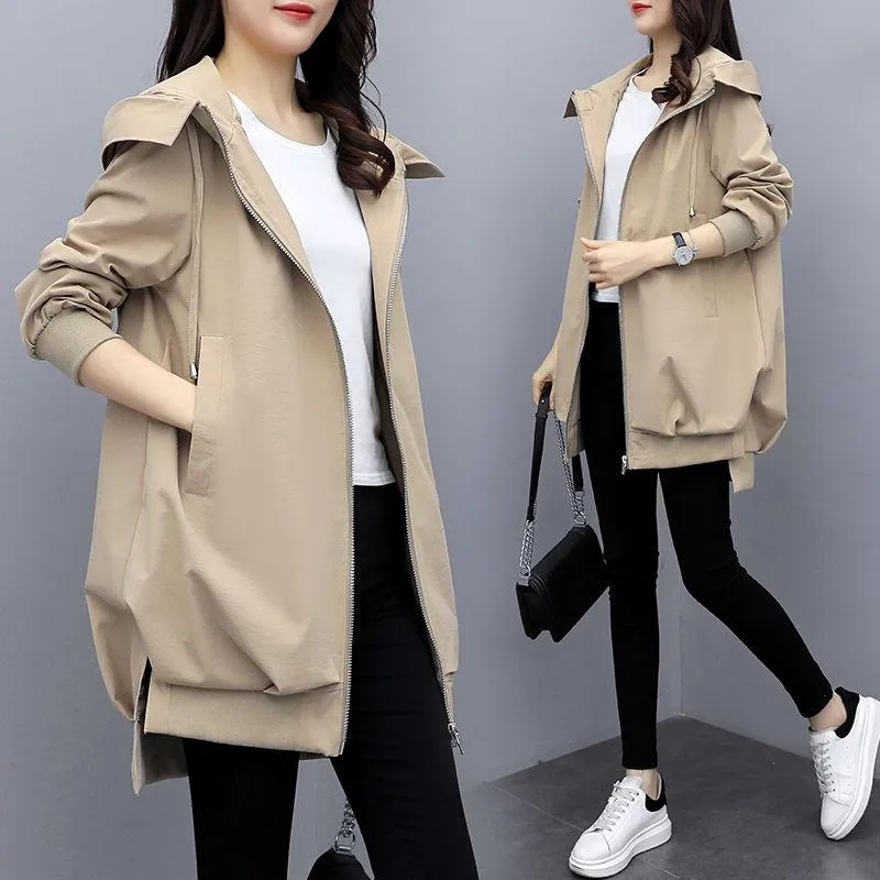 Spring Hooded Loose Trench Coats Womens Long Windbreakers Kvinna Casual Solid Kvinna Svart / Kaki Overcoat Kvinnor Outwear