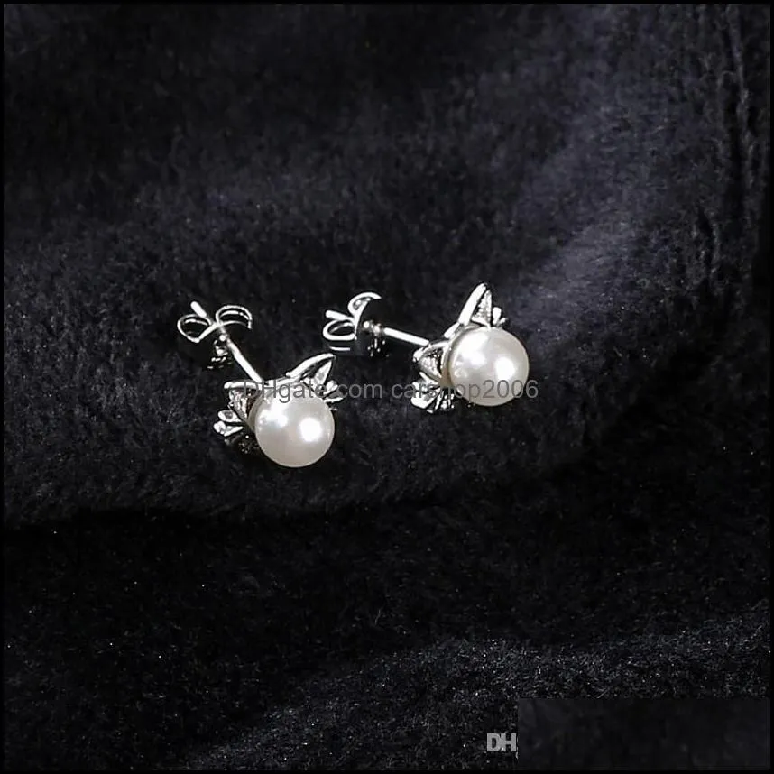 Diamond Stud Earrings Female Platinum Cute Pearl Cat 2019 Simple Sweet Low-key Jewelry