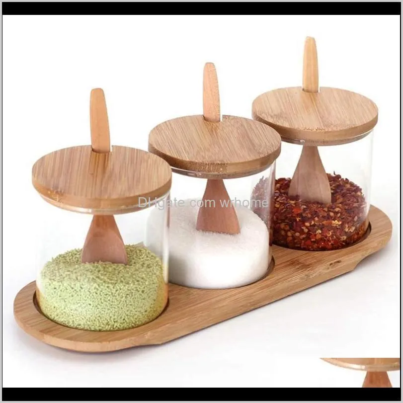 Condiment Container Seasoning Box Set, Spices Salt Jars Glass Storage Containers With Bamboo Lid And Spoon Bottles &