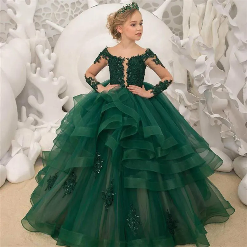 Gorgeous Green Flower Girl Dresses Scoop Neck Appliqued Beaded Long Sleeves Girl Pageant Gowns Ruffle Tiered Sweep Train Birthday Gowns