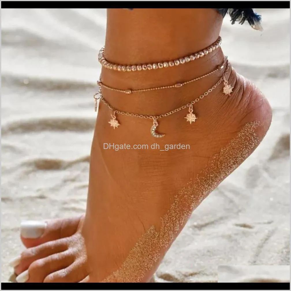 crystal arrow leaf tassel anklet chain gold multilayer wrap foot chain foot bracelet fashion beach jewelry conch pendant ankle chain