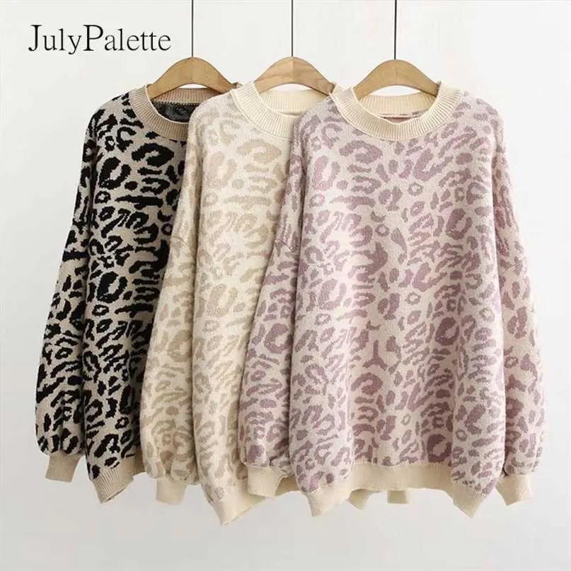 Julypalette Za Leopard Tryckt stickad tröja Kvinnor Casual Loose Långärmad Pullover Kvinna Höstens Oversize 211011