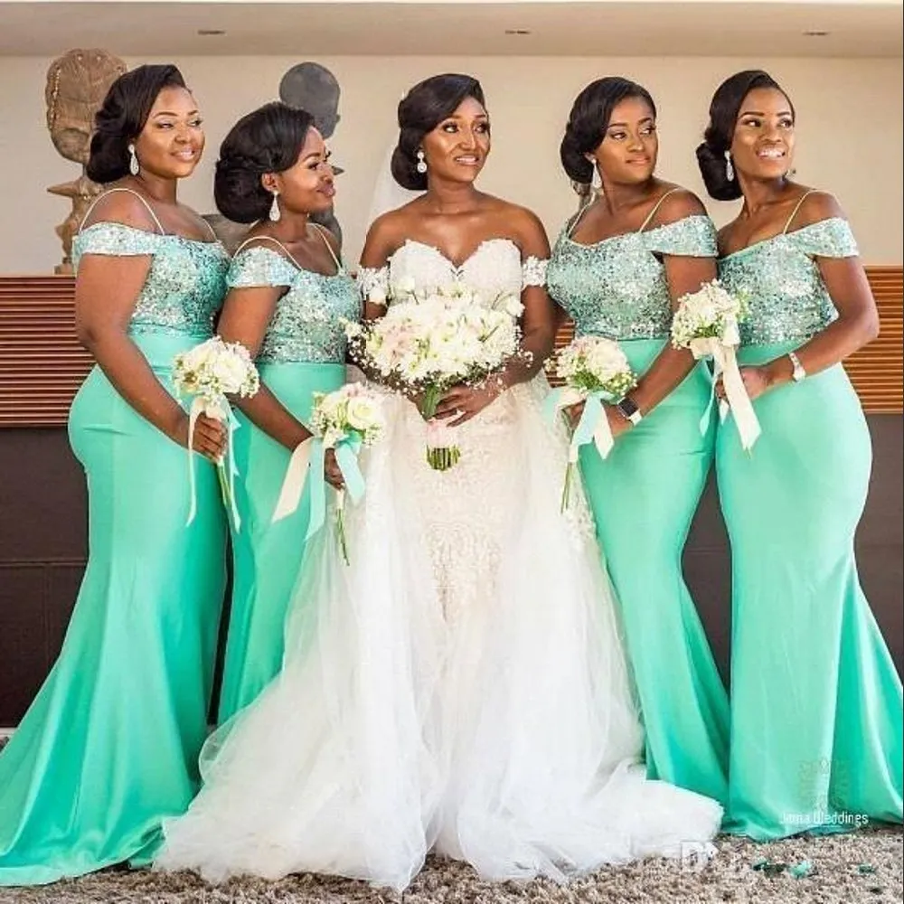 Glitter Sequined Lace Green Satin African Bridesmaid Dresses Off Shoulder Spaghetti Straps Sequins Mermaid Wedding Guest Prom Gowns Maid Of Honor Dress 403