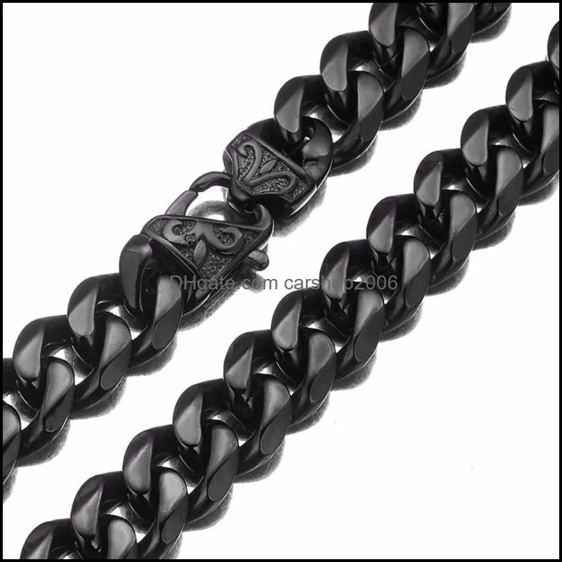 Classic Vintage Black Color Curb Cuban Link Chain Necklace Or Bracelet Jewelry 15mm Wide 7-40 Inches Stainless Steel Chains