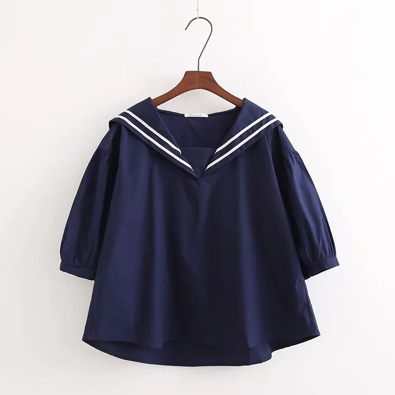 Lucyever Summer Casual Sailor Collar T-shirt Women Sweet Short Sleeve Preppy Blouse Tops Woman Japanese Style Student Tees 210521