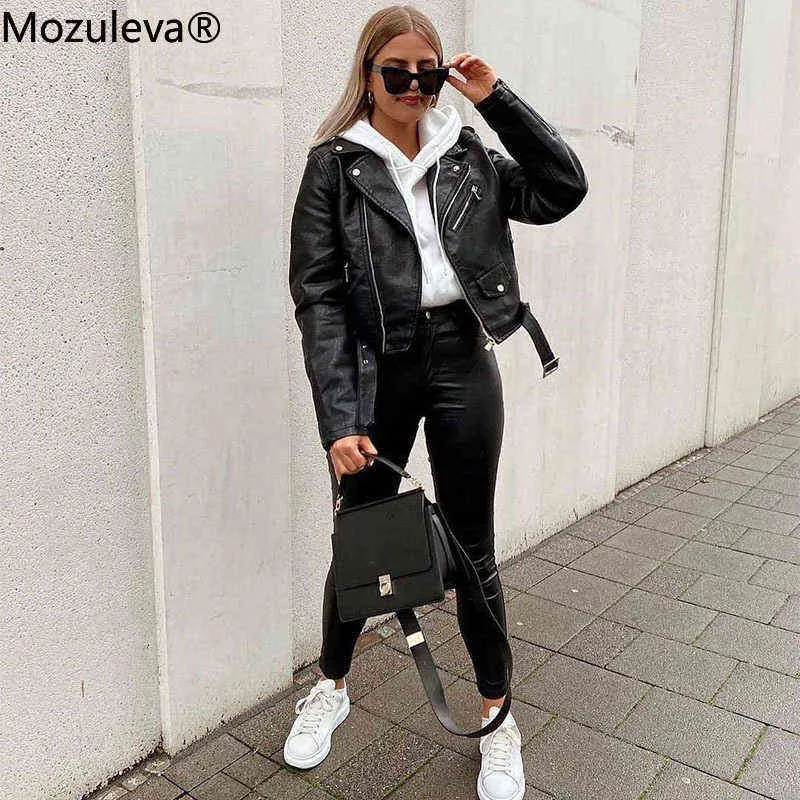 Mozuleva Winter Coat Retro High Street Turn-Down Damskie Kobiety PU Skórzana Kurtka Krótka Czarna Faux Skórzana Kurtka Kobieta Loose 211118