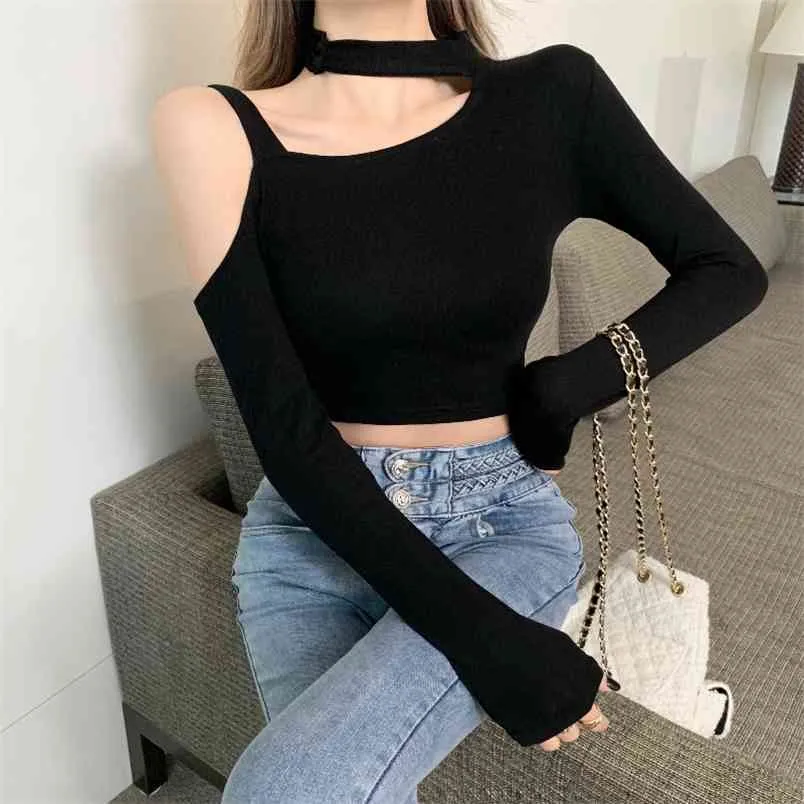 Sexy Crop Tops Ribstern Gestrickte Top Frauen Aushöhlen Lässig Langarm T-Shirt Skinny Herbst Winter Slim Tee Dame Kleidung 210507