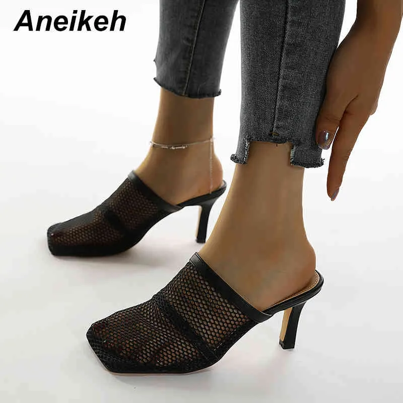 Sommar kvinnor skor tofflor Slides mesh grunda tunna klackar utanför solid svart storlek 35-41 mode vuxna mulor 210507