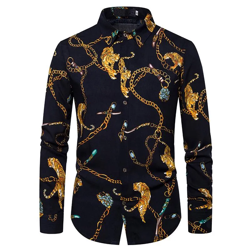 Camisas informales para hombre cadena dorada con estampado de tigre vestido para hombre Club nocturno Camisa Social de manga larga ropa informal