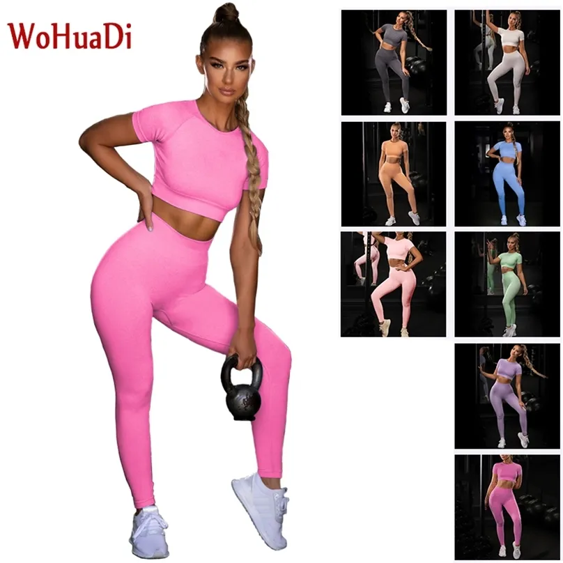 WOHUADI Abbigliamento da donna Tuta sportiva senza cuciture Palestra Fitness Allenamento Set da yoga femminile Tuta Abbigliamento sportivo Crop Top T-shirt Leggings 210802