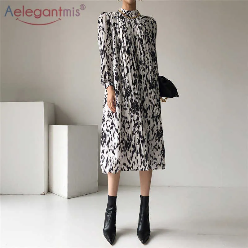Aelegantmis Casual Printing Pleated Leopard Dress Women Summer Thin Puff Sleeve Long Half High Collar Vestido Lady 210607