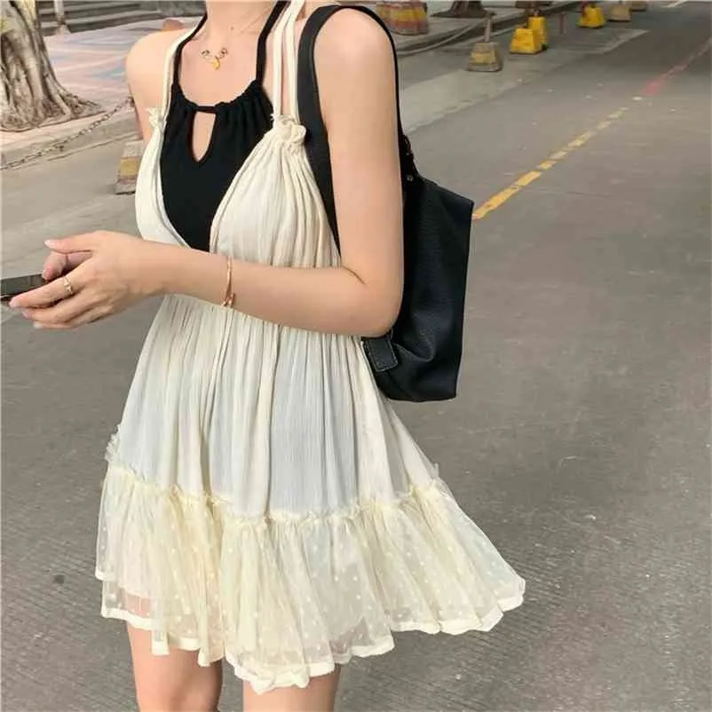 Yaz Mini Elbise Tatil Tarzı Kızlar Tatlı Gevşek Lace Up Spagetti Kayış Elbise Bayan (R98259) 210409