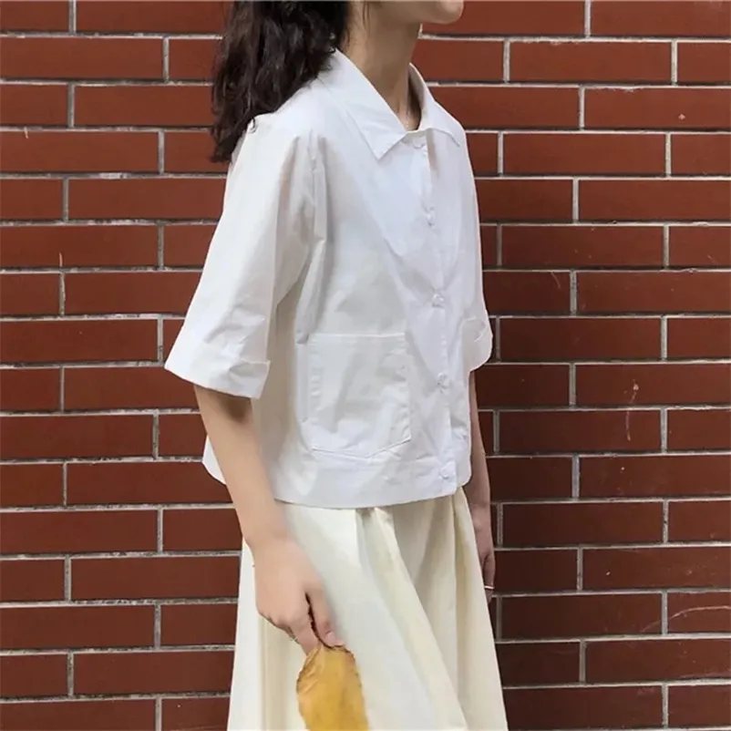緩い白いターンダウンカラーソリッドメスショートシャツ女性ビンテージスプリング夏ブラウス韓国の服ワイルドピンクトップ210421