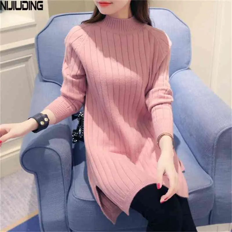 Korean Version of Autumn and Winter Ladies Sweater Dress Half-high Collar Knitted Slim Loose Long-sleeved 210514