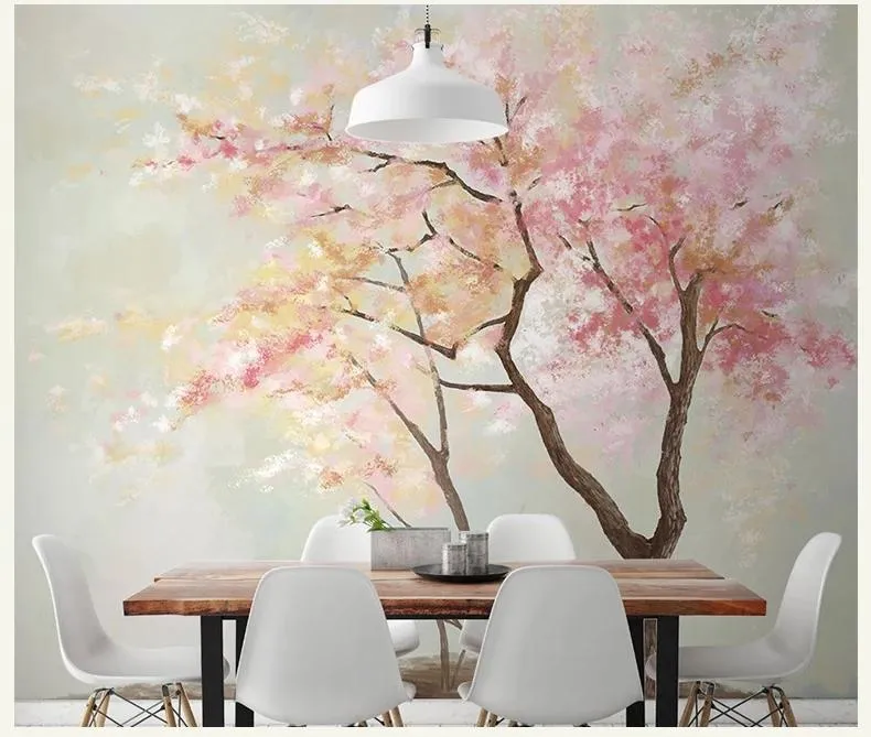 Bakgrundsbilder Anpassad handmålning Rosa Träd Självhäftande Tjejer Room Dinning 3D Tree Mural Stickers Dekor konst Vattentät