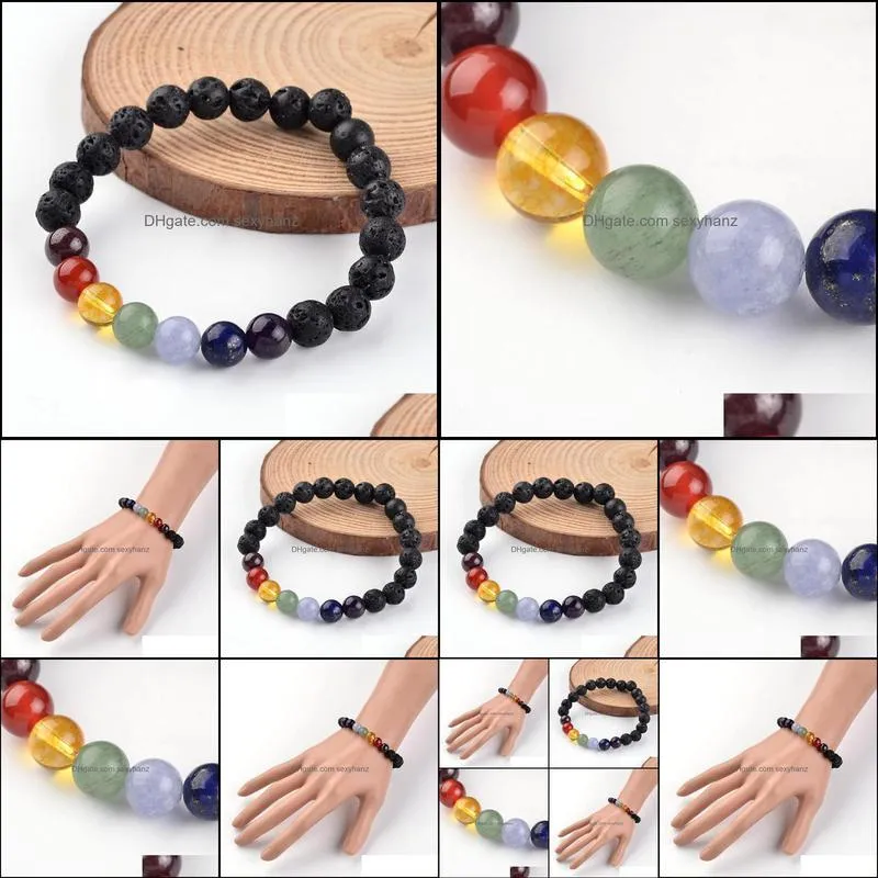 Bracelets Jewelry Pcs Valentines Day Present Chakra Natural Lava Beaded Stretch Bracelets, With Crystal Beads, 55Mm Beaded, Strands Drop Del