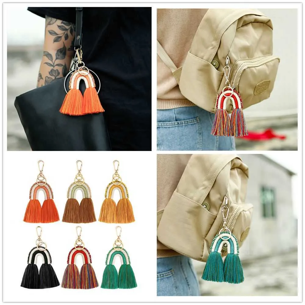 1pc Nieuwe Rainbow Tassel Sleutelhanger Legering met Kralen Auto Sleutelhangerhouder voor Tas Portemonnee Portemonnee Decor Art Rainbow Sleutelhanger G1019