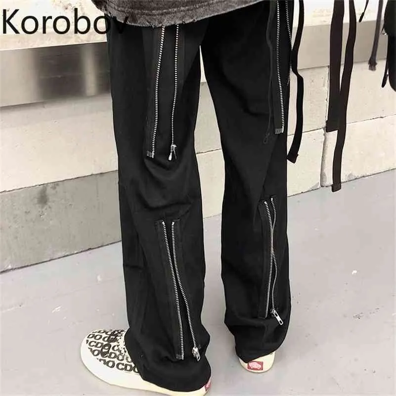 Korobov femmes surdimensionné pantalons longs Streetwear fausse fermeture éclair Patchwork Harajuku femme pantalon haute rue croix pantalon 79453 210430