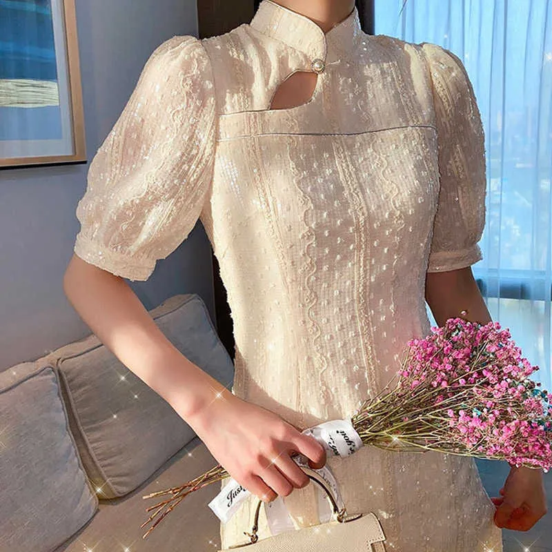 Vintage Cheongsam Stil Glitter Pullu Mini Kadın Elbise Yaz Seksi Ince Puf-Sleeve Zarif Parti Elbiseler Robe Femme 210527