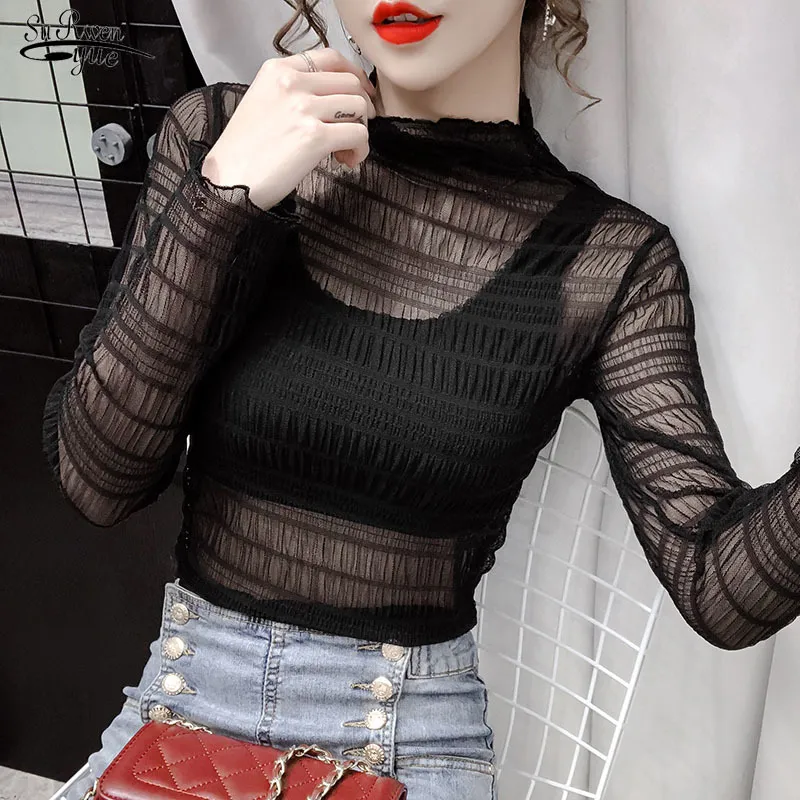 Jesień Latarnia Rękaw Czarny I Biały Siatka Krótki Top Moda Sexy Koronki Bluzka Bluzka Kobiety Blusas Chemisier Femme 12073 210521