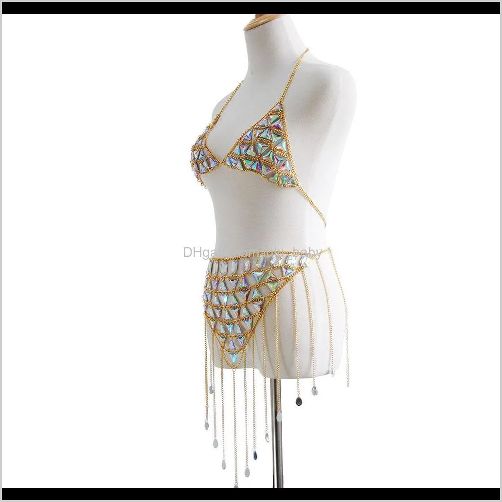 hot popular high quality glittering colorful crystal tassel fashion sexy beach body bra skirt set belly chain jewelry