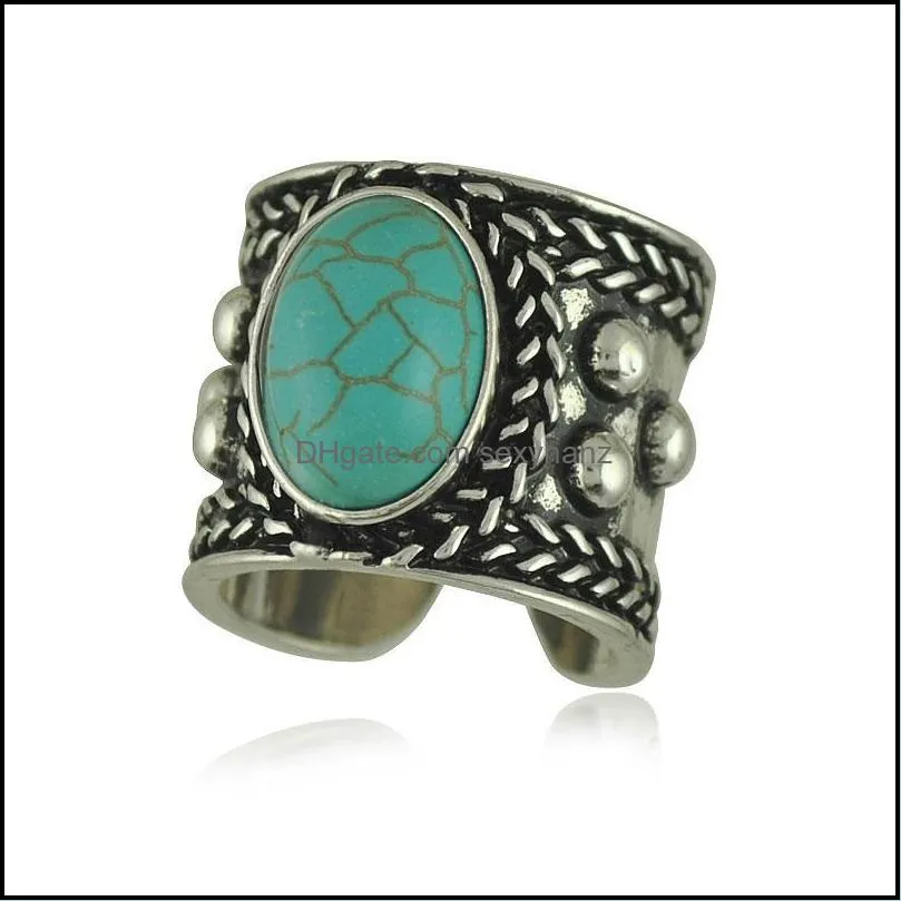 Wedding Rings Fashion Blue Turquoise Ring Vintage Tibetan Silver Finger Women Anniversary Jewelry