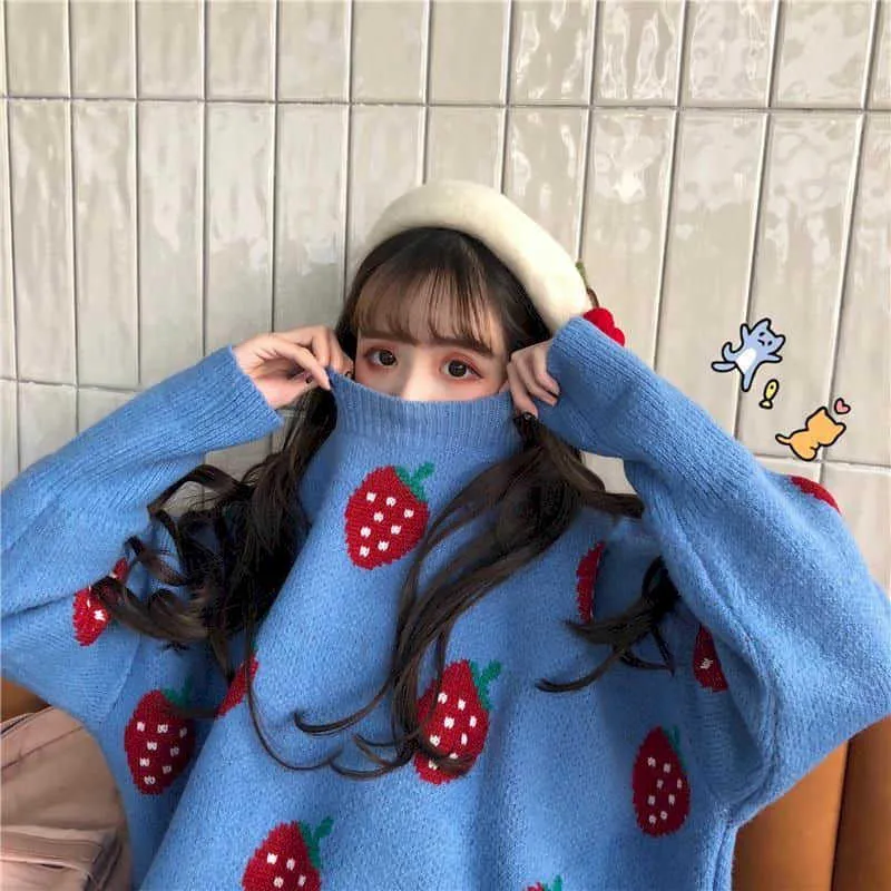 Aardbei Pullover Sweater Leuke College Stijl Vrouw Kawaii Koreaanse Losse Herfst Winter Vetement Femme Gebreide Jerseys 210526