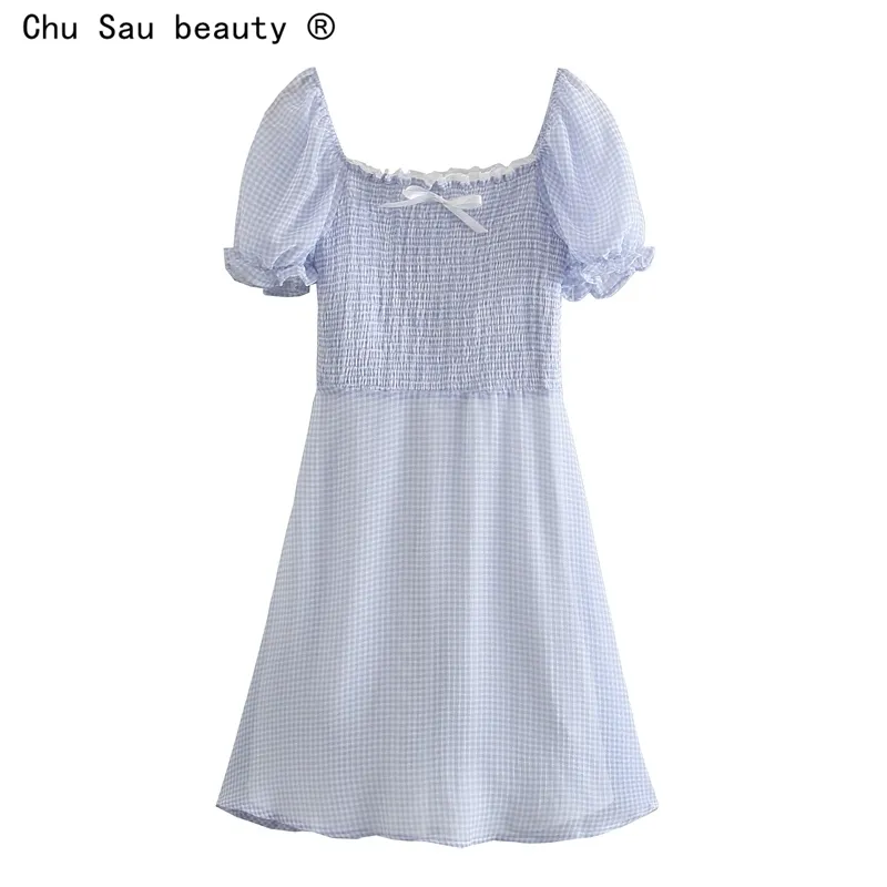 Summer Sweet Girl Dress Square Collar Rękaw Puff Składany Bowknot A-Line Spódnica Kobiet Niebieskie Suknie Elastyczność Moda 210508