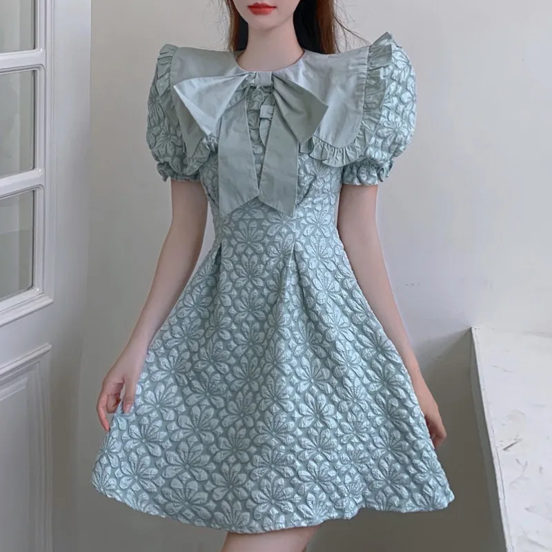 Przyjazd Lato Słodki Bowknot Big Lapel Jacquard Mini Dress Vintage Slim A-Line Party Dress Vestido 210518