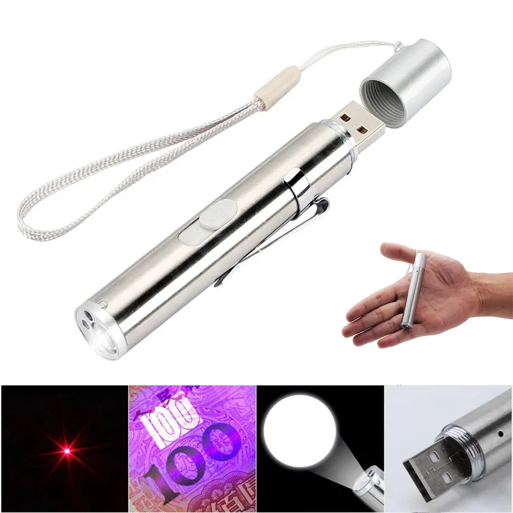 3-in-1-Multifunktions-Taschenlampen, LED-Taschenlampe, USB wiederaufladbar, Mini-tragbare UV-Taschenlampe, Laserlicht-Anzug für Haustiertraining, medizinische Beleuchtung