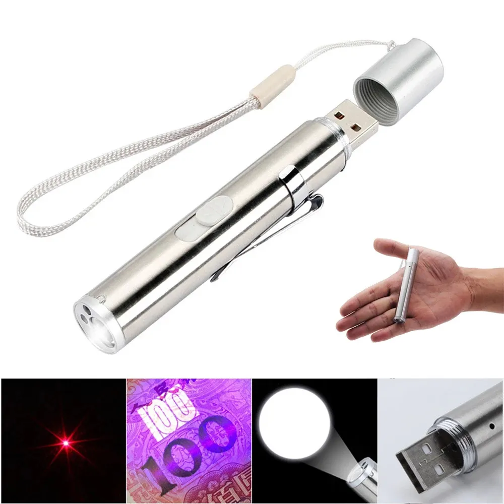 3-em-1 multifuncional tochas LED lanterna USB recarregável mini portátil tocha uv laser terno de luz para treinamento para animais de estimação, iluminação médica