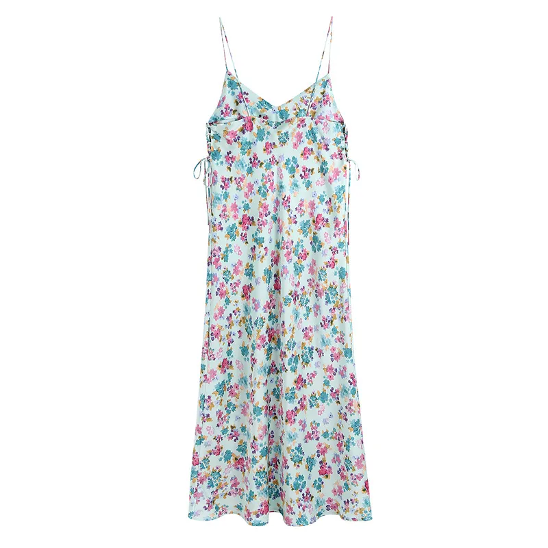 Draw String Floral Print Kobiety Dress Summer V-Neck Sexy Delikatna Lady Bez Rękawów Moda Kobiet Długie ES 210430