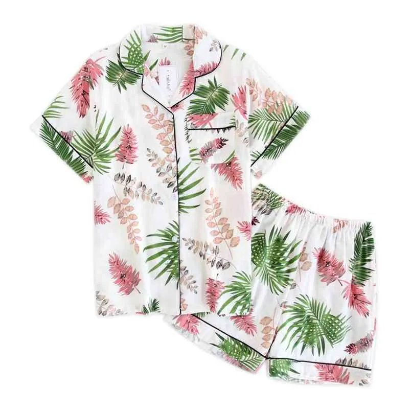 夏のショーツパジャマの女性パジャマセット100％ガーゼ綿の和らされた漫画のシンプルな半袖ショートパンツ寝室210830