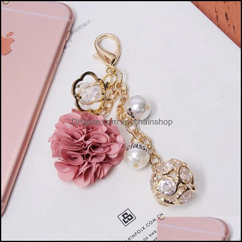 Creative Rose Rhinestone Key Chain Female Sweet Five-pointed star Bag Pendant Fashion Car Keychain Charm Pearl Flower Key Ring