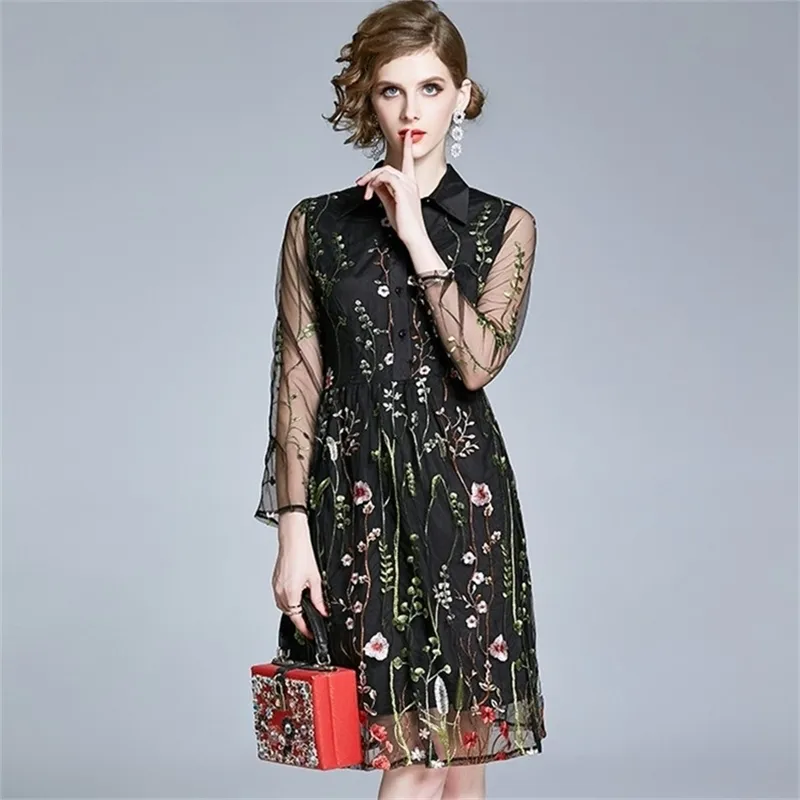 ラグジュアリーデザイナー女性夏の長袖花刺繍パーティーメッシュドレスホリデーvestidos 210603