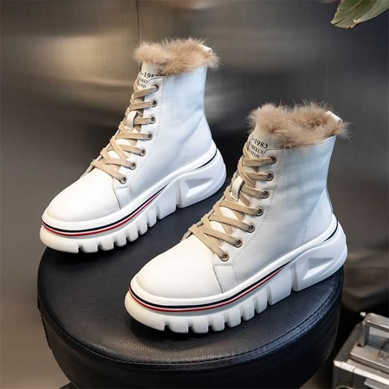 Real Rabbit Fur Leather Martin Boot Winter mid-Tube Short Plus Velvet Platform Casual Zapato de mujer 211012