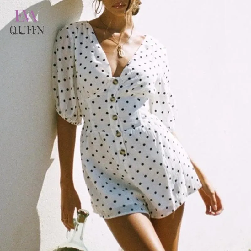 Combinaisons pour femmes Barboteuses EvaQueen Mousseline de soie Dot Print Femmes élégantes Bouton V Cou Ceintures Slim Straight Casual Summer Sexy Beach Playsuits