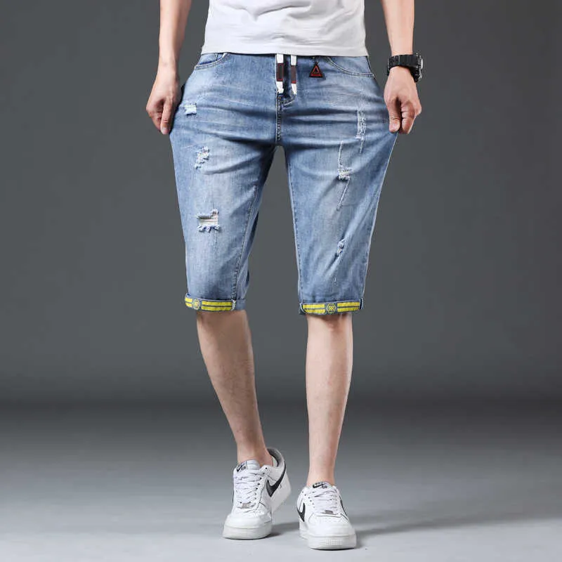 2021 zomer jeans shorts heren denim elastische uitgerekte dunne korte jean grote maat blauw onder de knie mannen korte jeans x0621