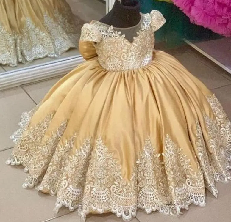 2021 Gold Lace Vintage Flor Menina Vestidos Sheer Pescoço Satin Ball Vestido Tule Lilttle Crianças Aniversário Aniversário Vestidos de Casamento