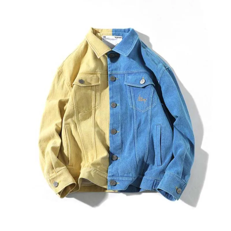 Wholesale Slim Denim Jacket Men Blue Yellow Jeans Jackets Homme Letters Embroided Streetwear Bomber Outwear Vintage Man Coat