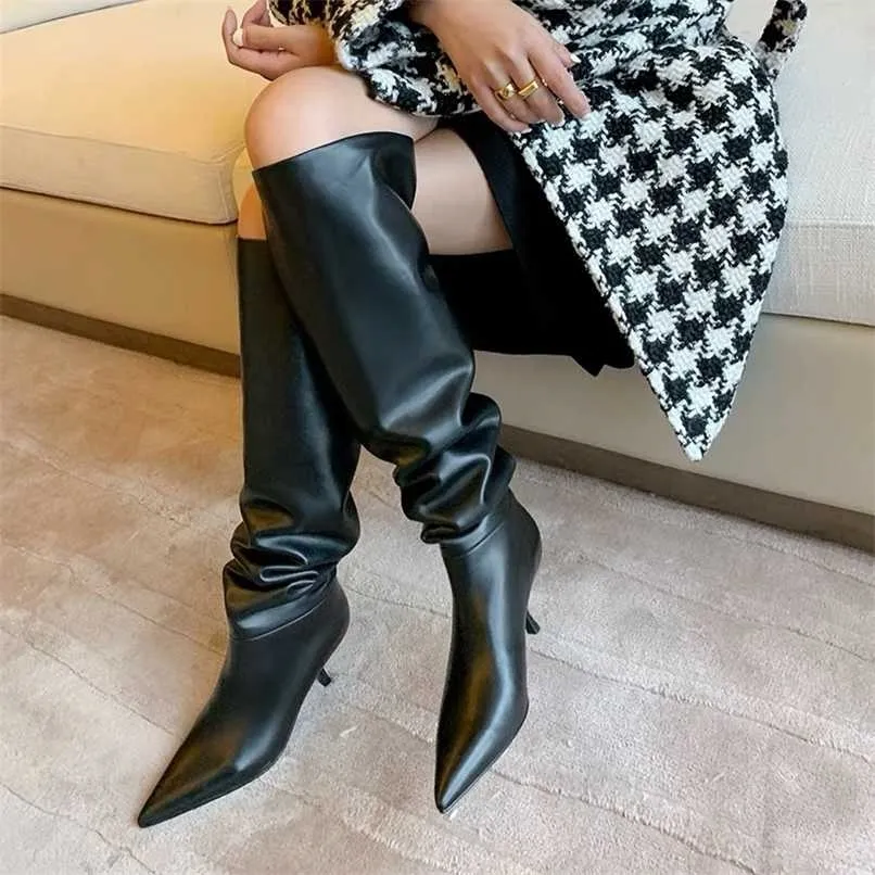 Pointed Toe Faux Leather Over the Knee Boots WOmen Fashion Black Beige Daily Flods Woman Plus Size 43 Winer Shoes 211217