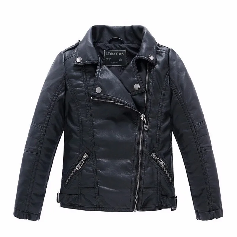 Märke Fashion Classic Girls Boys Leather Jackor Black Child Coat för 100-160cm 211204